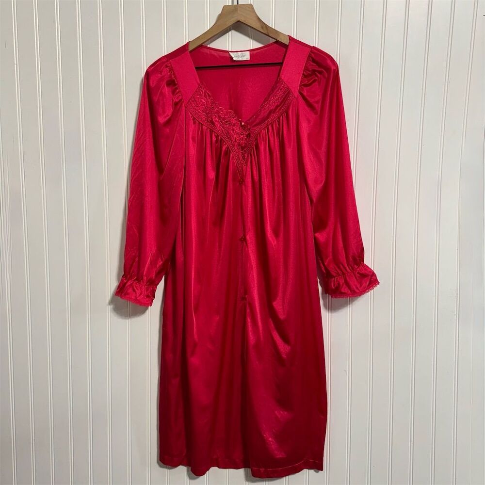 VTG‎ Vanity Fair M Hot Pink Nylon Nightgown Peignoir Robe Lace Trim Full Button